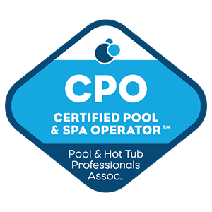 Blue diamond CPO badge with pool and spa operator certification text and logo