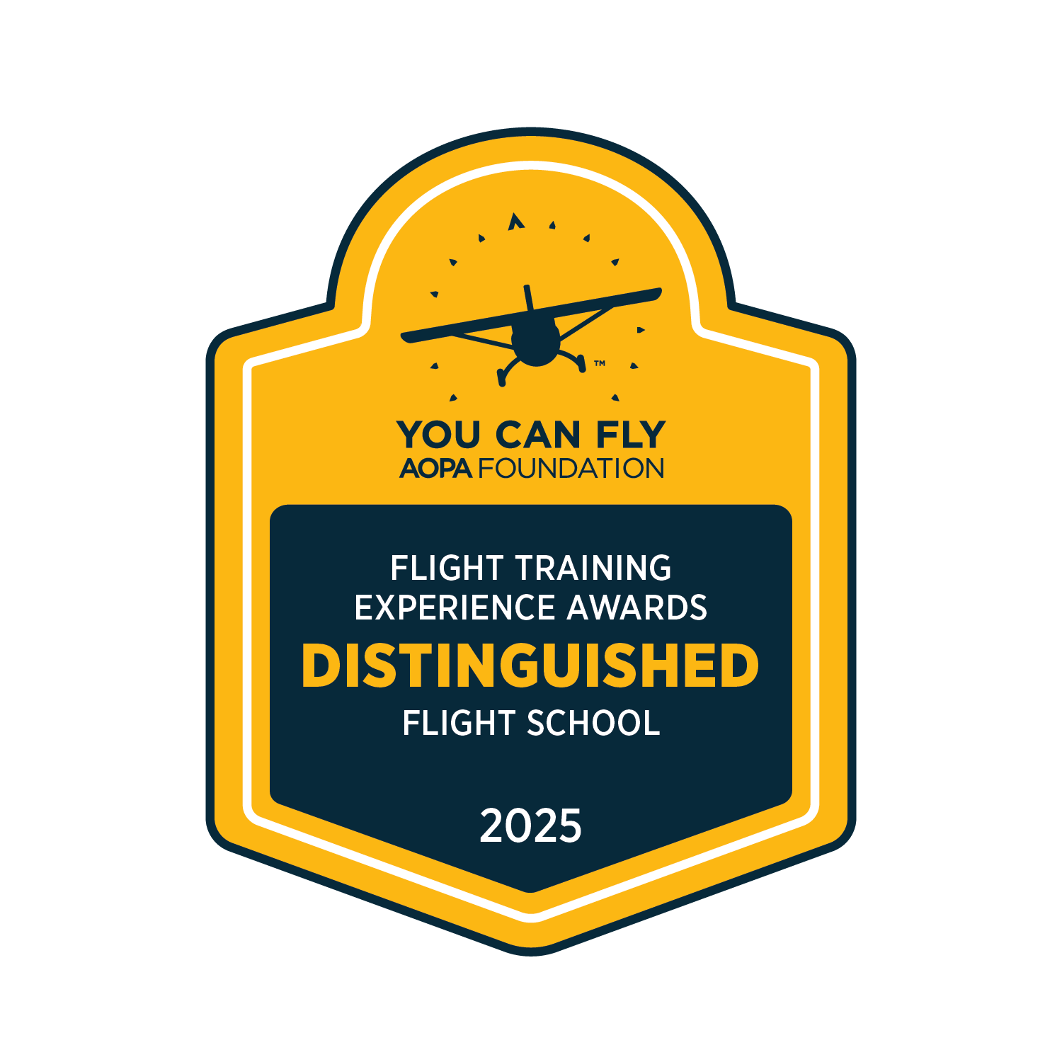 Gold and navy award badge for You Can Fly AOPA Foundation: Flight Training Experience Awards, Distinguished Flight School 2025