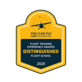 Gold and navy award badge for You Can Fly AOPA Foundation: Flight Training Experience Awards, Distinguished Flight School 2025
