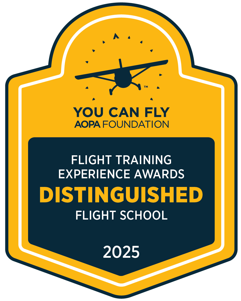 Yellow and navy award badge for You Can Fly AOPA Foundation Distinguished Flight School 2025