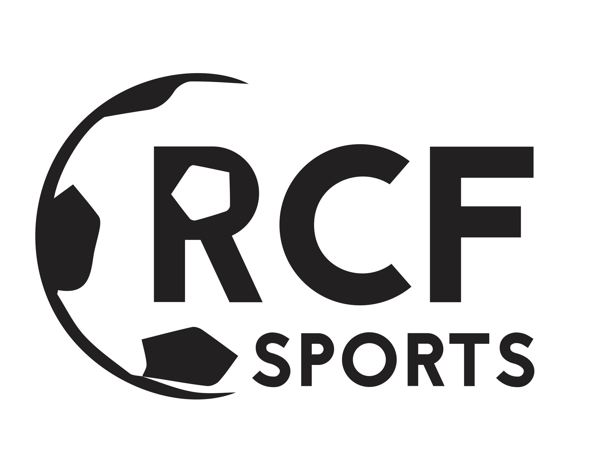 O logotipo da rcf sports é branco sobre fundo preto