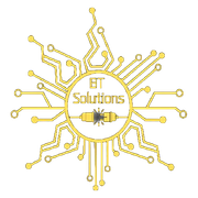 Gold circuit board design with "BT Solutions" in a central circle and a resistor icon.