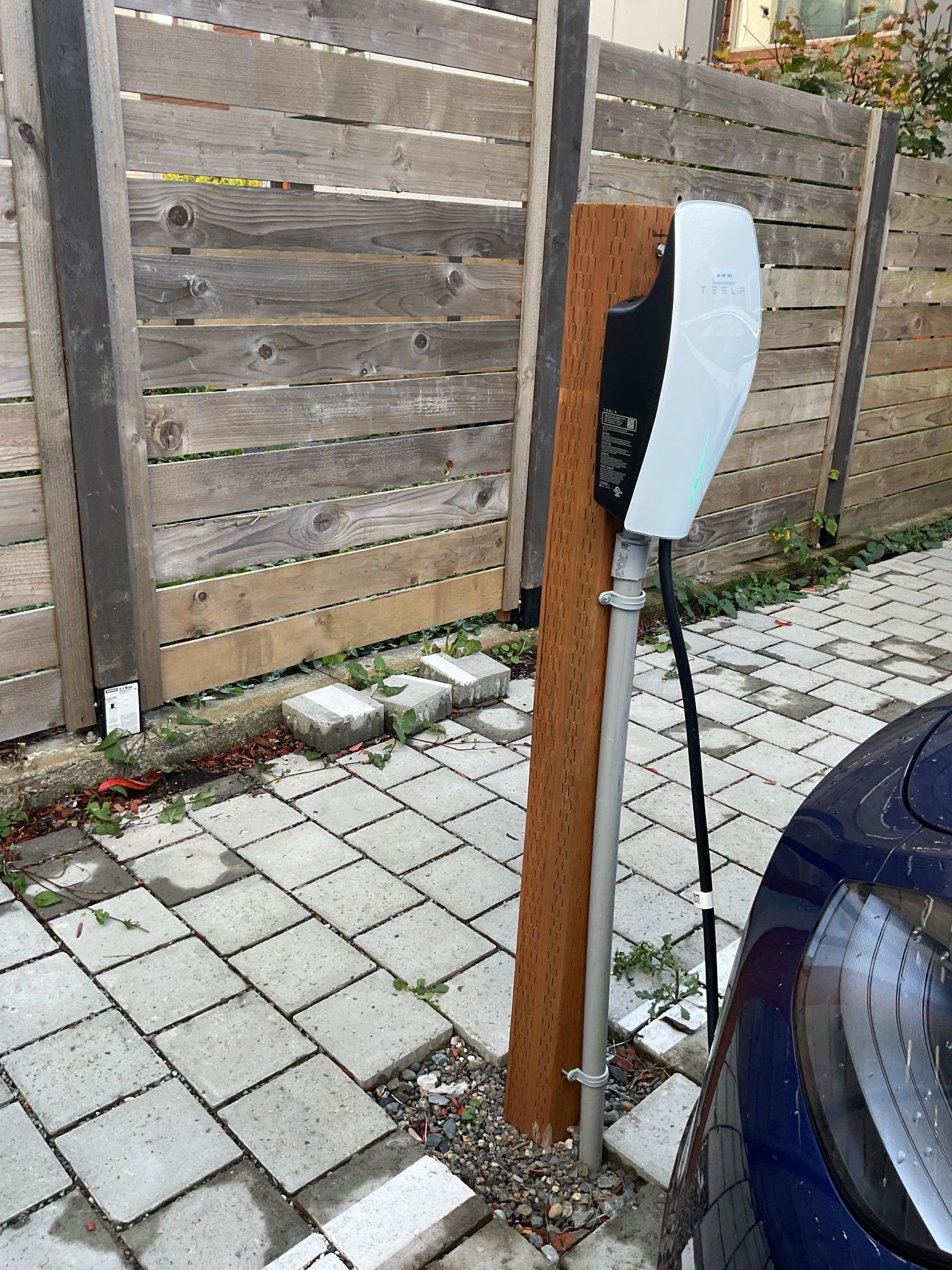 White EV charging station on a wooden post beside a paved driveway and parked car in a fenced yard