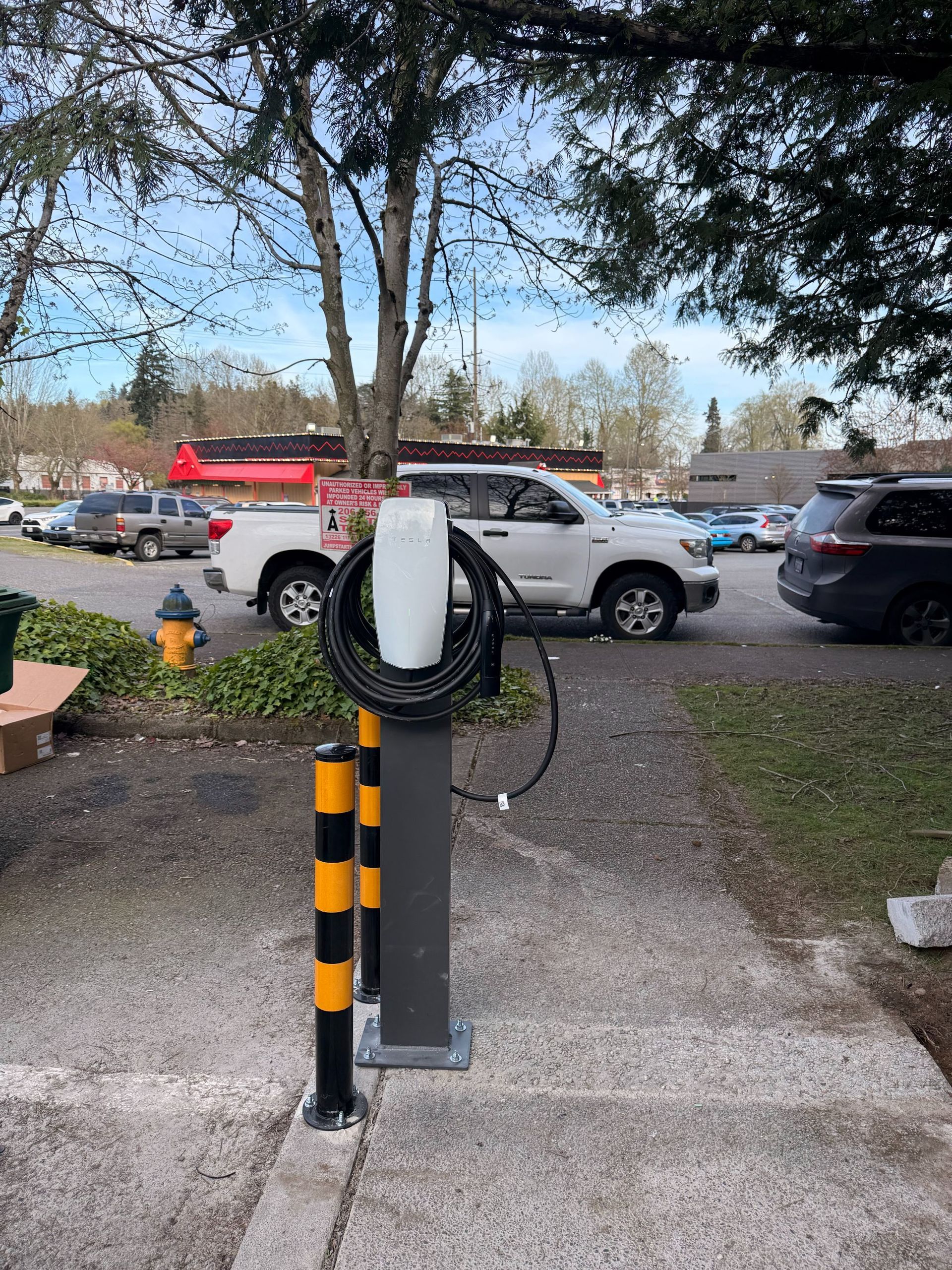 Electric vehicle charging station beside parked cars in a lot, with a white car plugged in