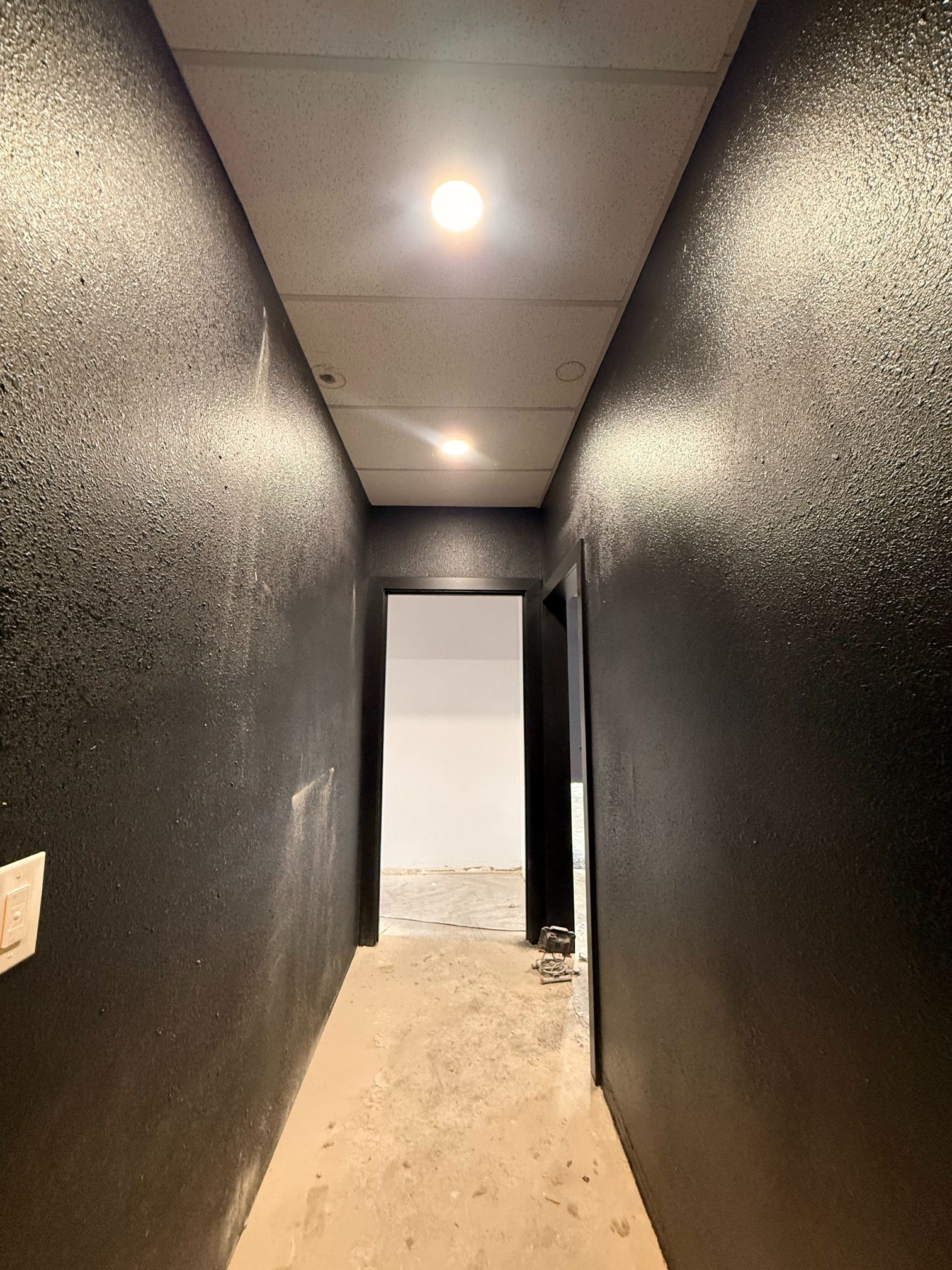 Narrow hallway with black textured walls, white ceiling lights, and an unfinished floor leading to a doorway.