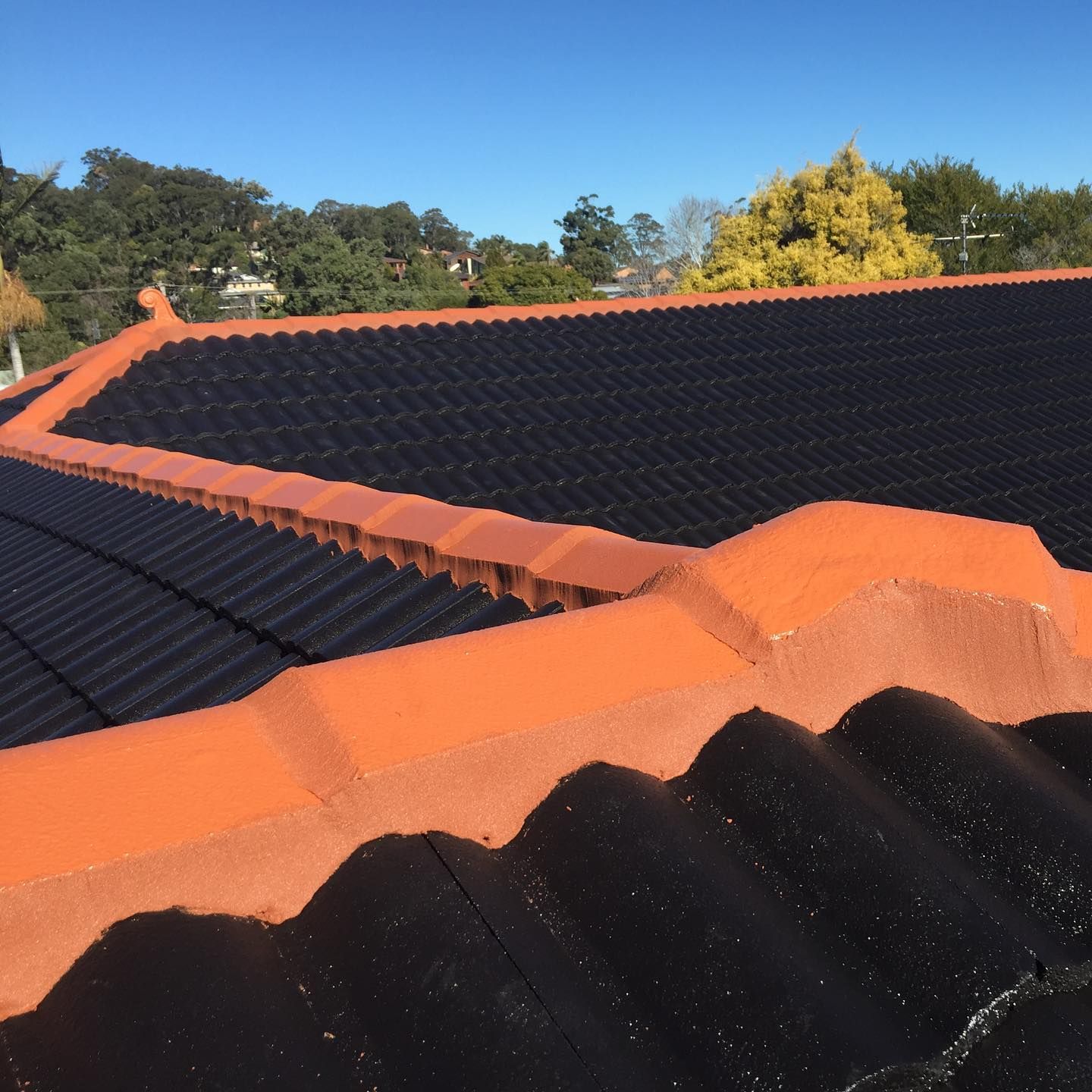 A Roof With A Lot Of Black Tiles On It — In-Time Roofing In Newcastle, NSW