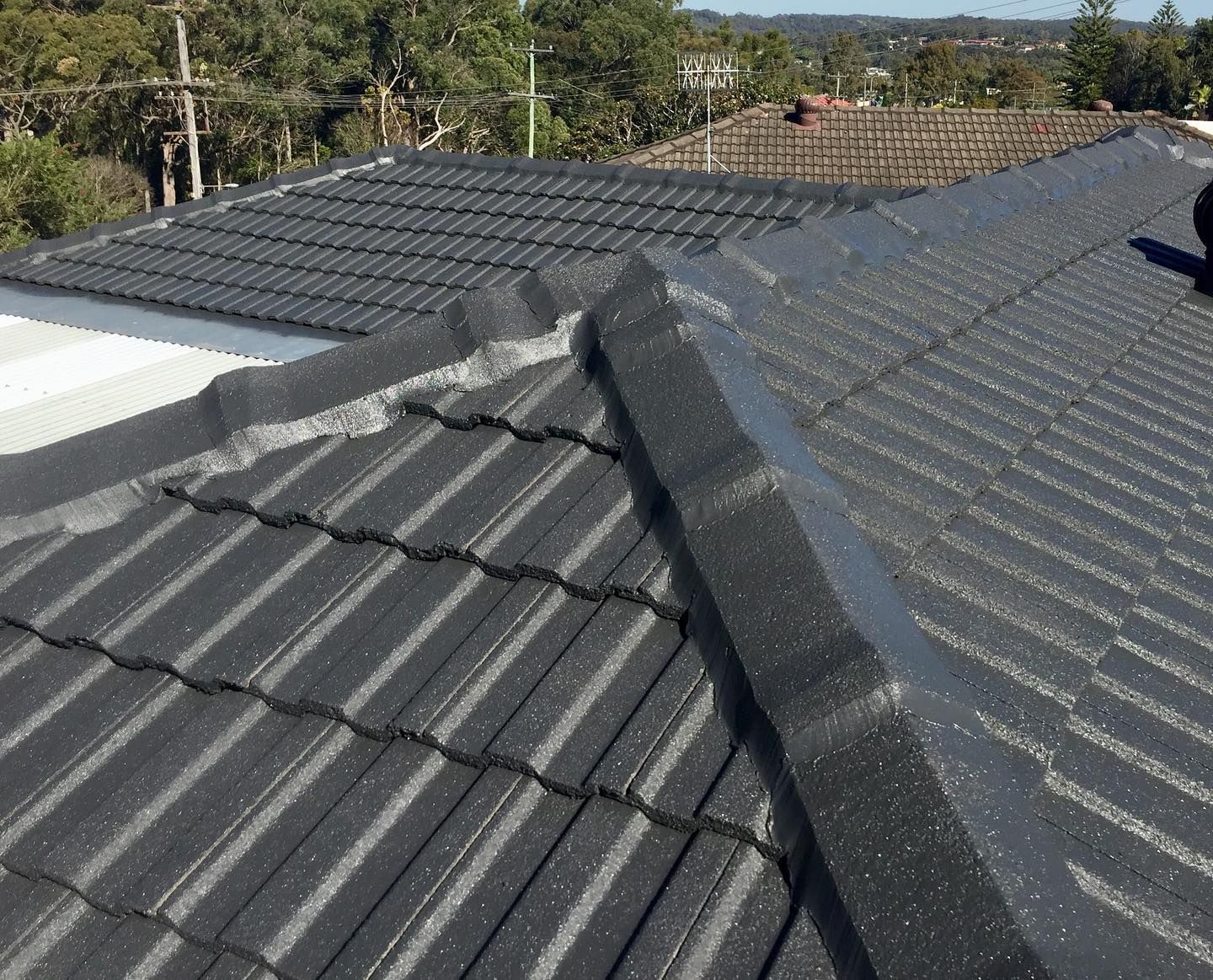 A Close Up Of A Black Tiled Roof With Trees In The Background — In-Time Roofing In Newcastle, NSW