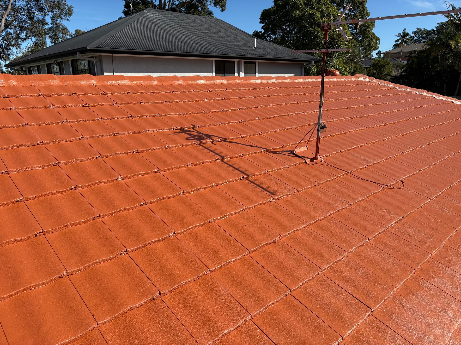 Orange tiled roof with a TV antenna against a blue sky, with houses and trees in the background — In-Time Roofing In Newcastle, NSW