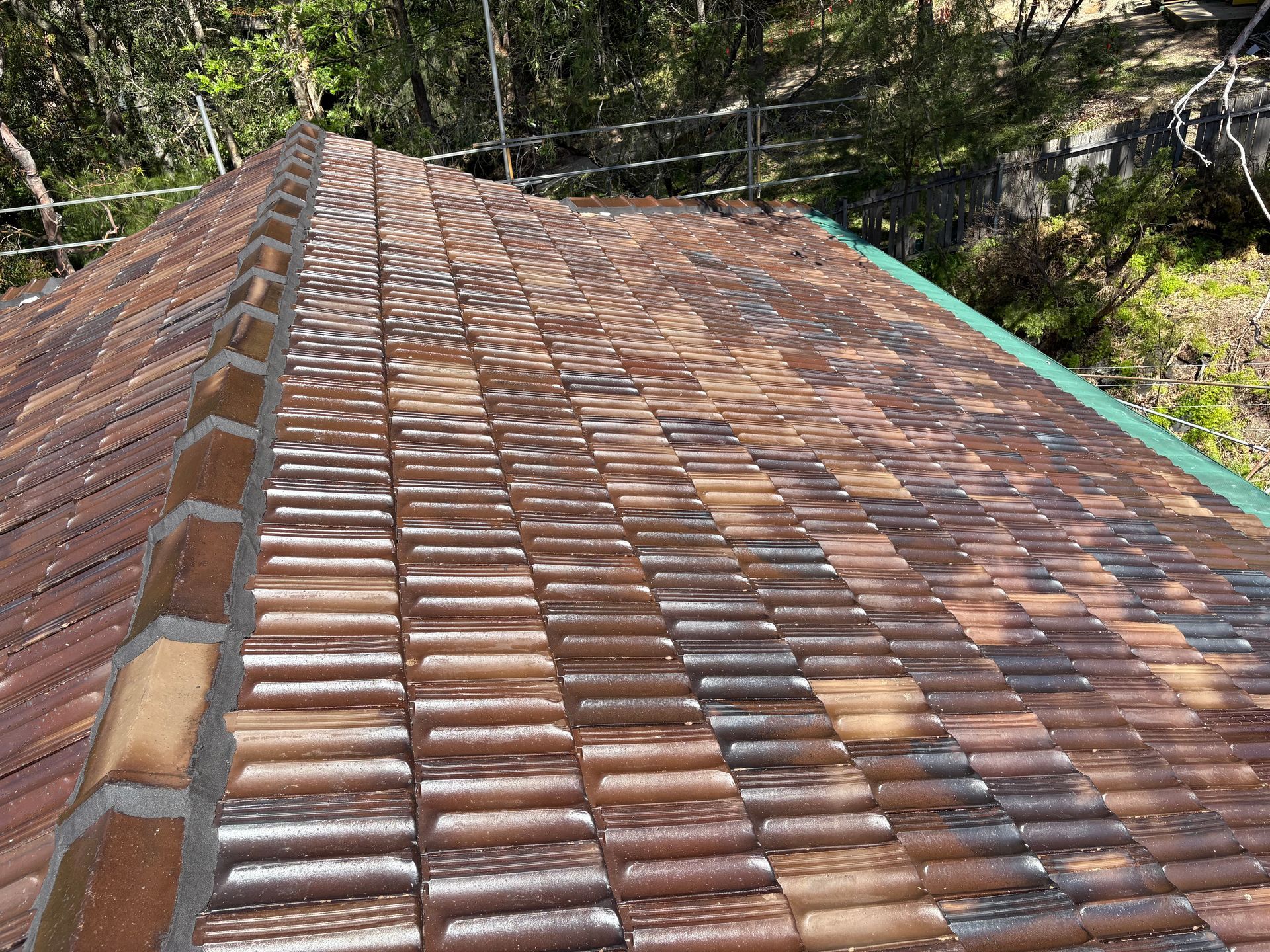 Brown shingled roof with a blue tarp edge in a wooded outdoor setting — In-Time Roofing In Newcastle, NSW