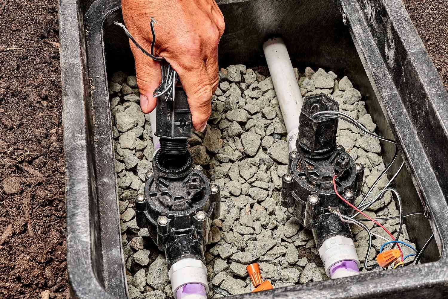 A person is working on a sprinkler system in a box.