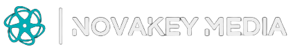 Logo for NovaKey Media, with a teal atomic symbol on the left and text in light grey.