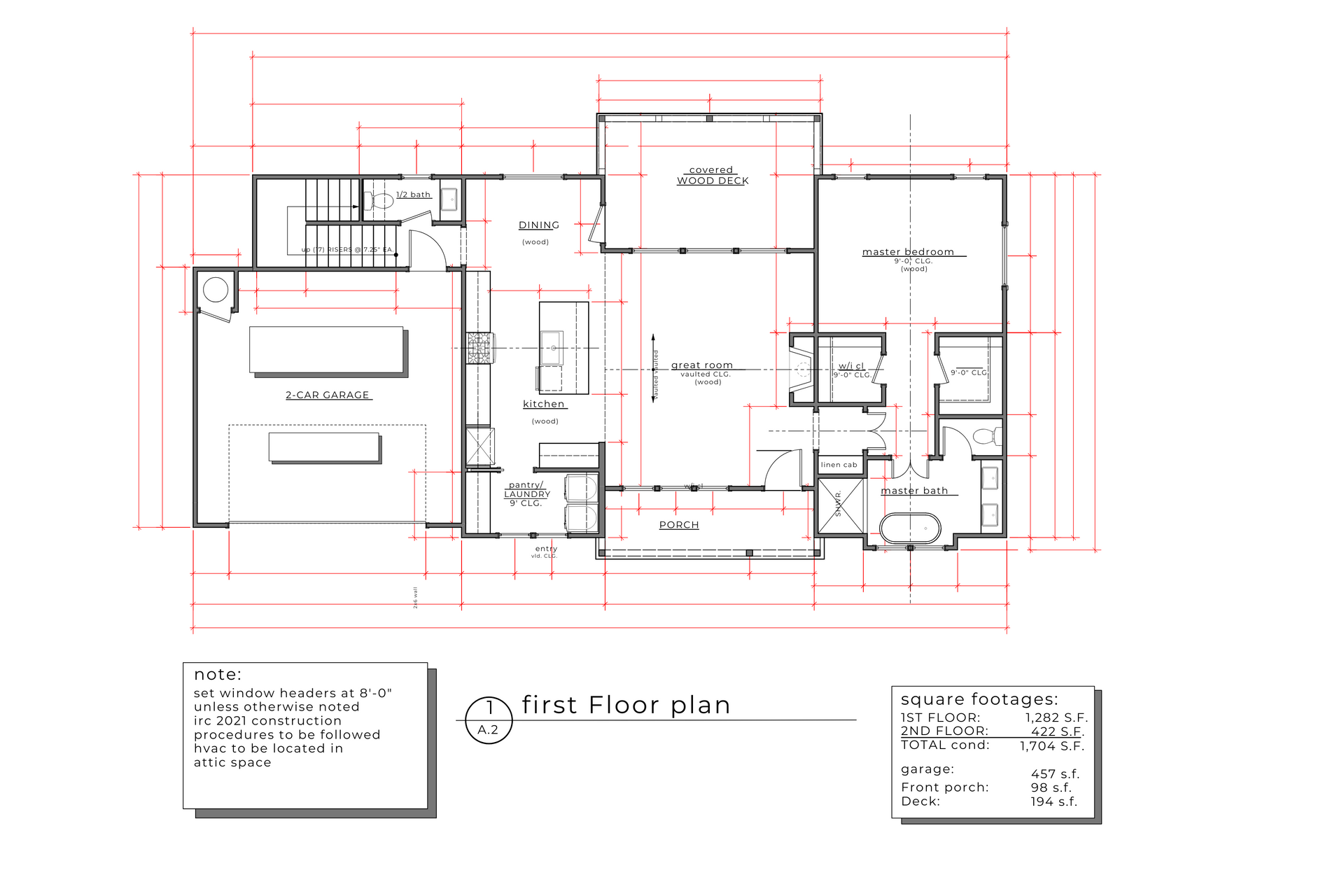 Architectural floor plan of a house with rooms labeled, including a staircase, on a white background with red gridlines.
