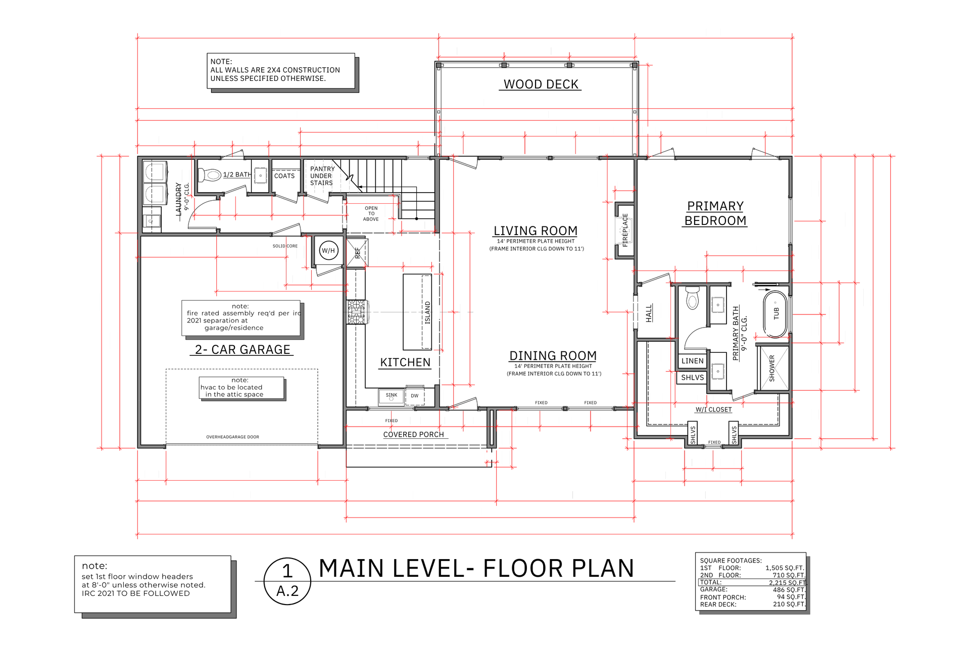 Floor plan of a house with a garage, living area, and bedrooms. Blueprint with red gridlines.