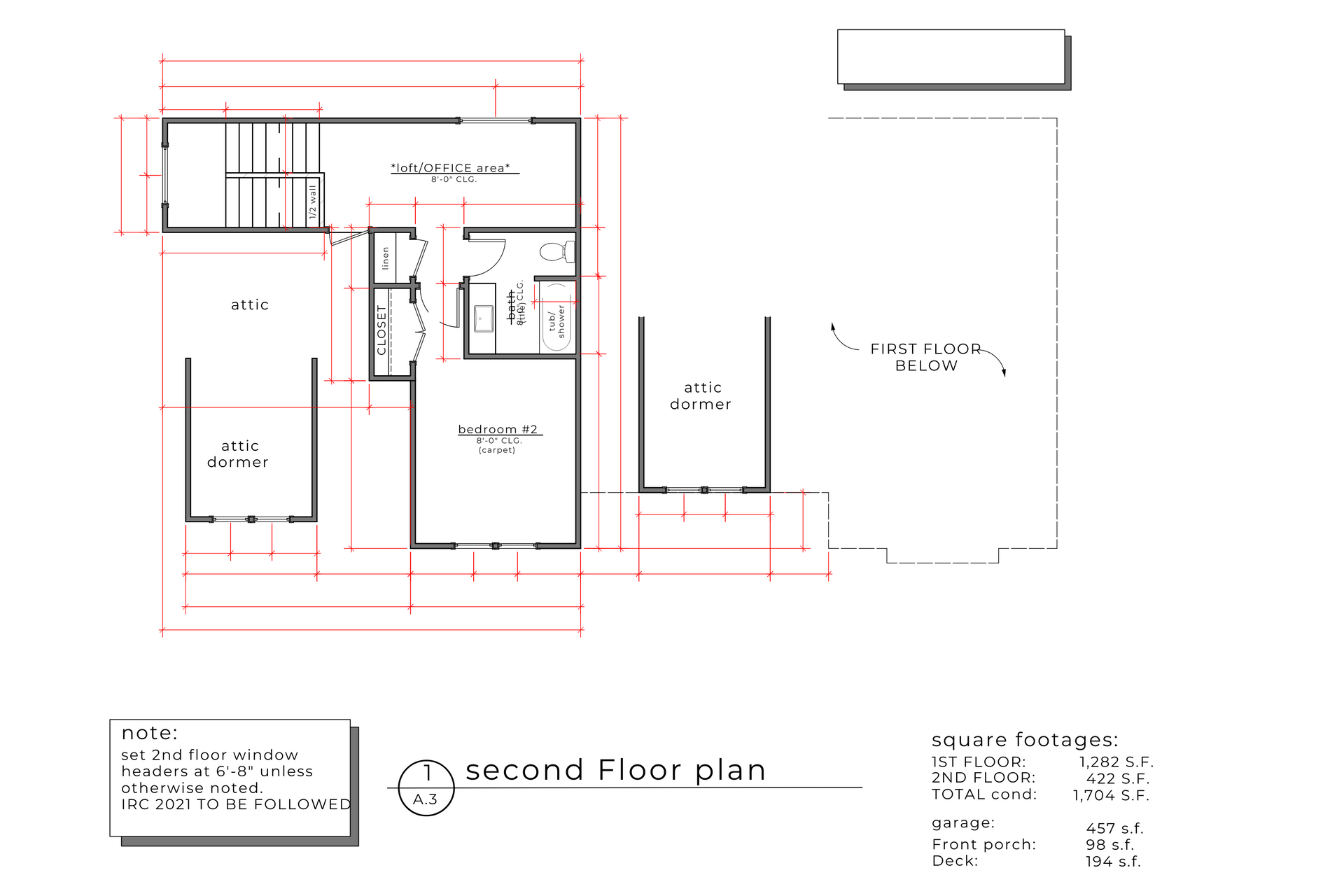 Second floor plan of a building with rooms, measurements, and a title block.