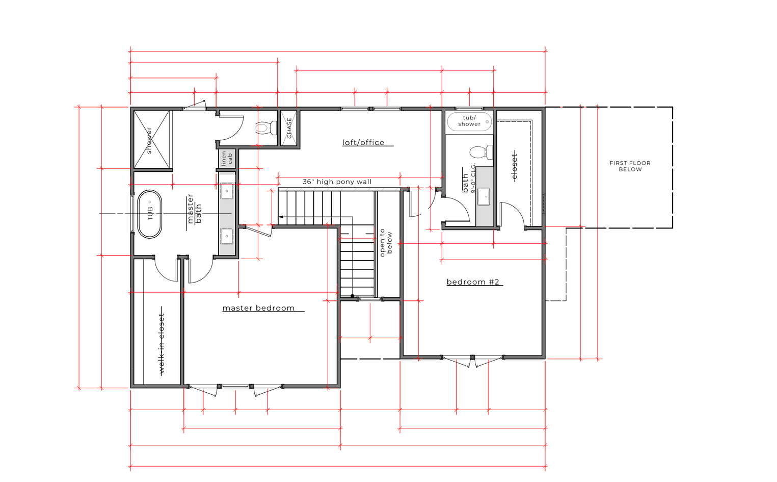 Floor plan of a house with labeled rooms. Red lines indicate measurements.