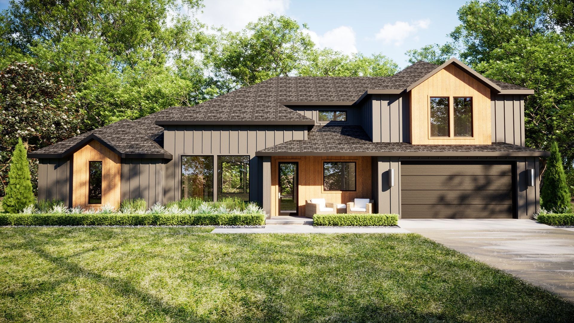 Modern home exterior with gray siding, wood accents, and a grassy lawn.