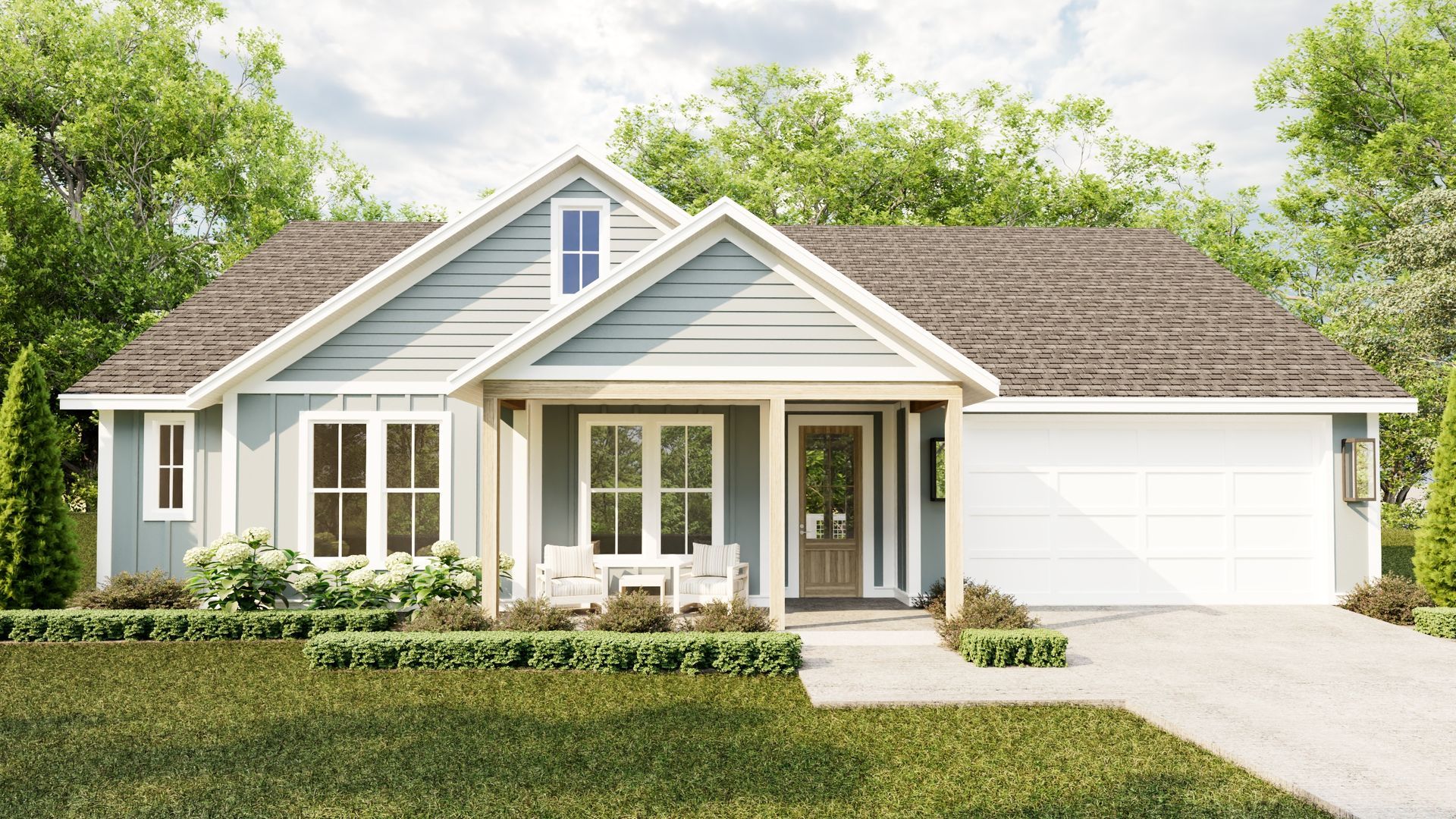 Light blue house with white trim, garage, and porch, surrounded by green grass and trees.