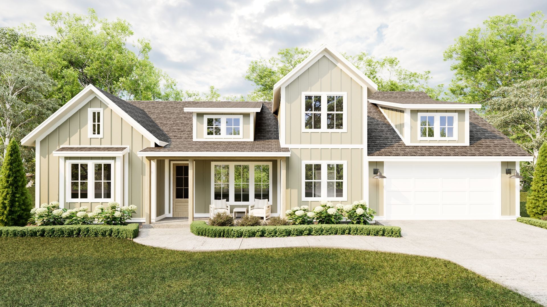 Two-story farmhouse with a gray exterior, white trim, and a two-car garage, situated on a green lawn.