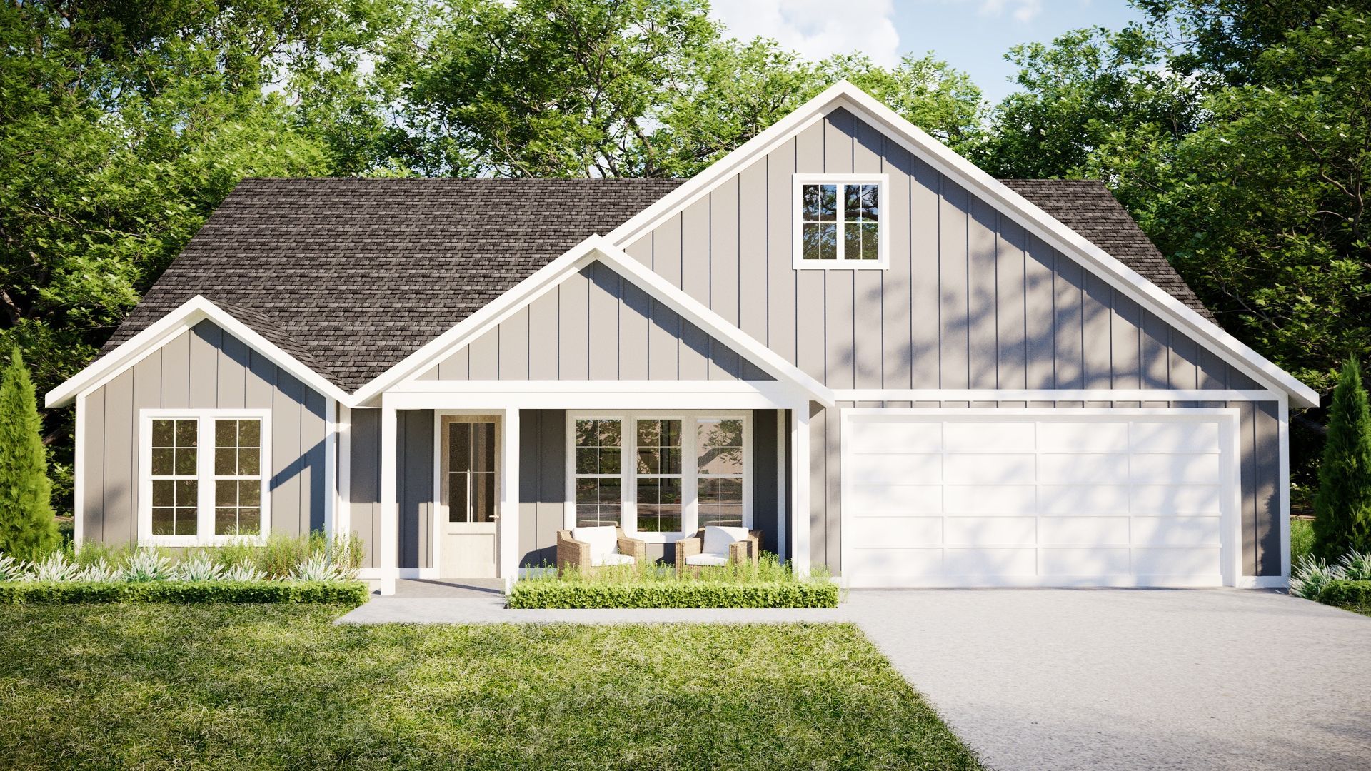 Gray farmhouse-style house with white trim, front porch, and attached garage, set against a green lawn and trees.