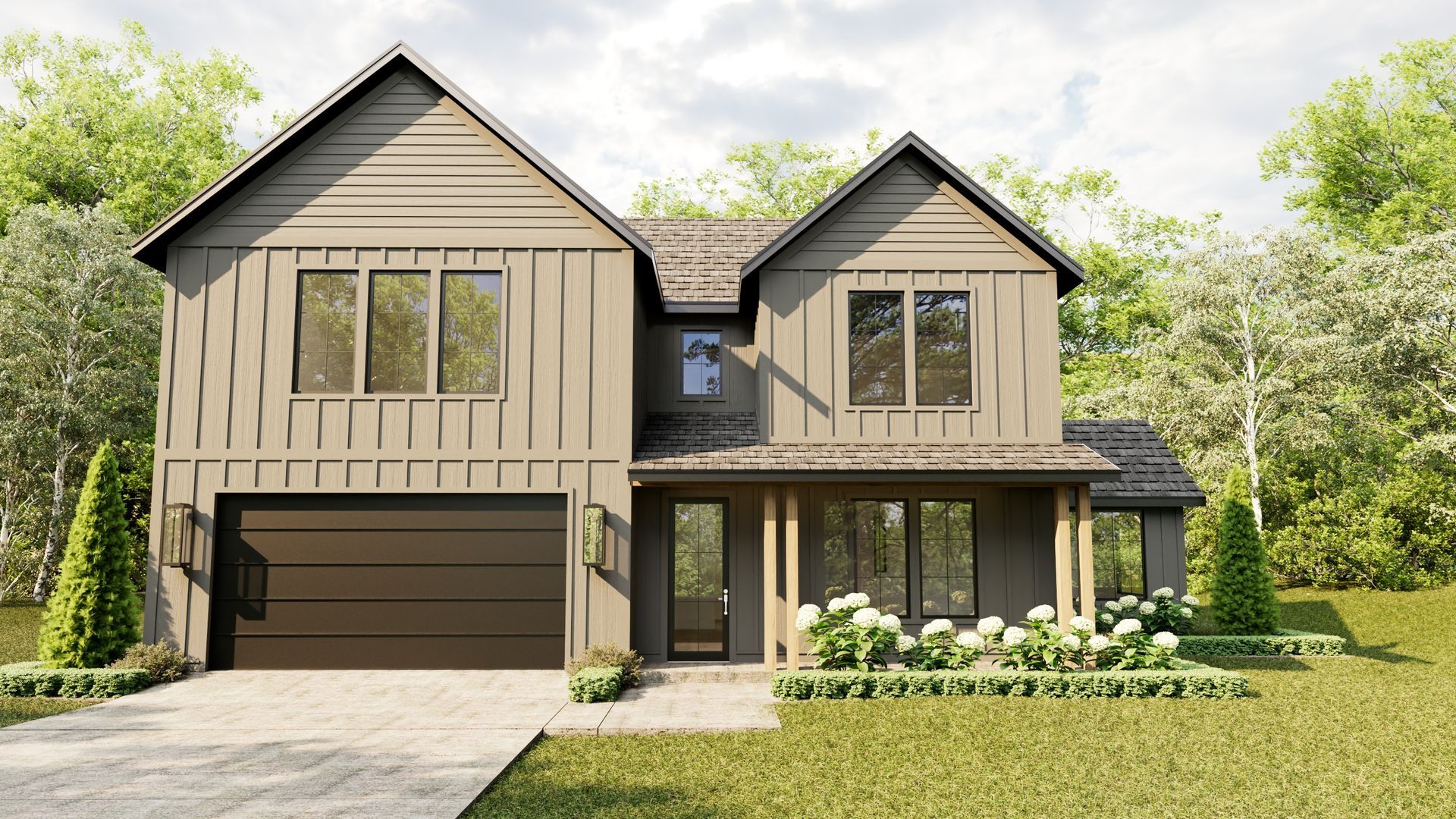 Two-story modern house with gray siding, brown garage door, and a small porch with white flowers.