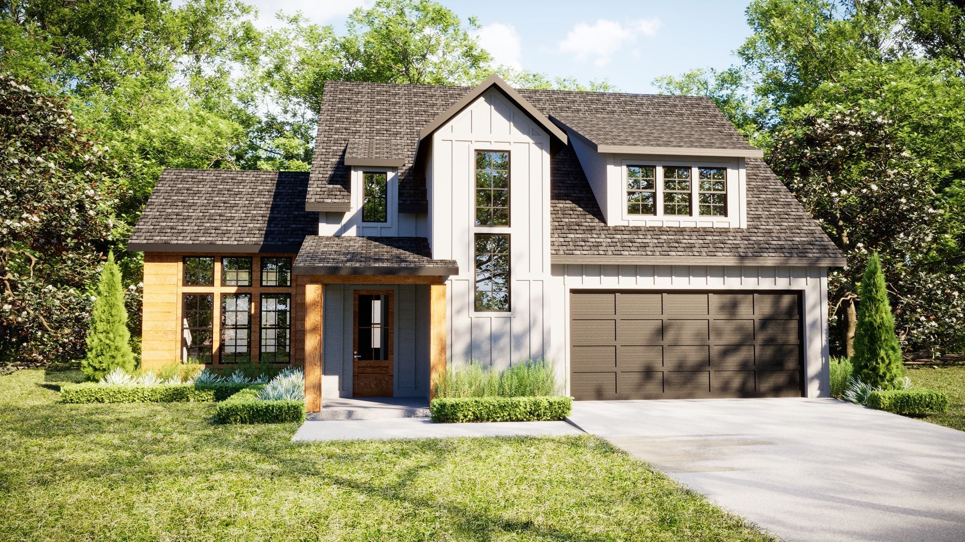 Modern two-story house with gray siding, brown garage door, and a front porch with natural wood posts.