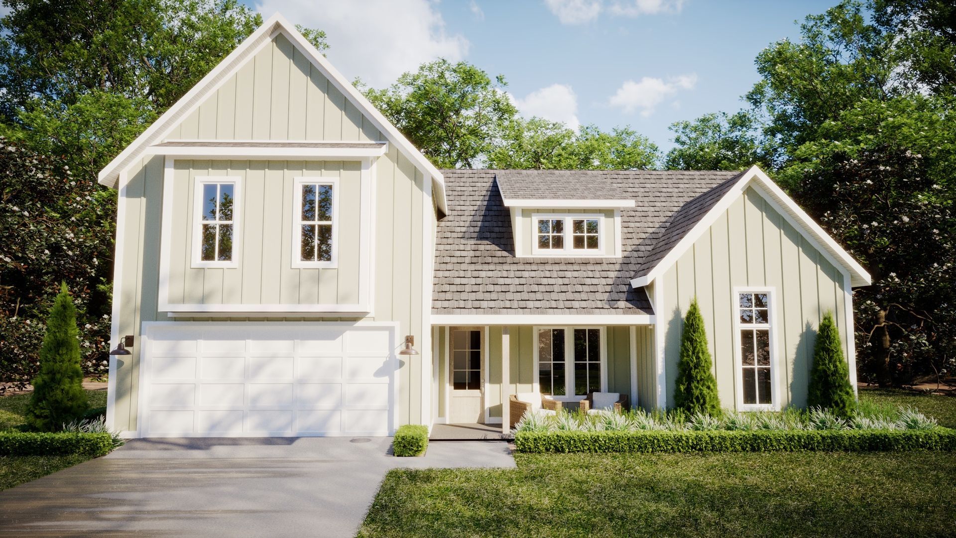 Two-story farmhouse-style house with a white garage and green siding, set on a grassy lawn.