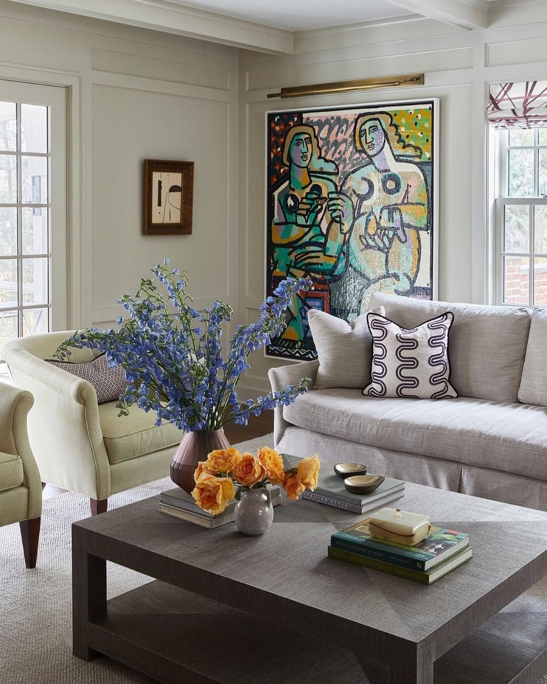 A living room with a couch and a coffee table