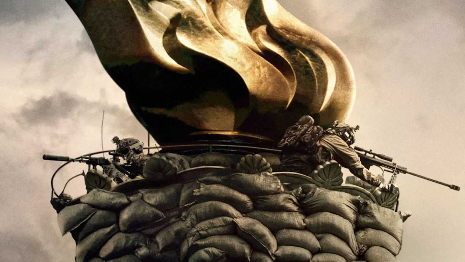 Image of the statue of liberty torch with snipers pointing guns