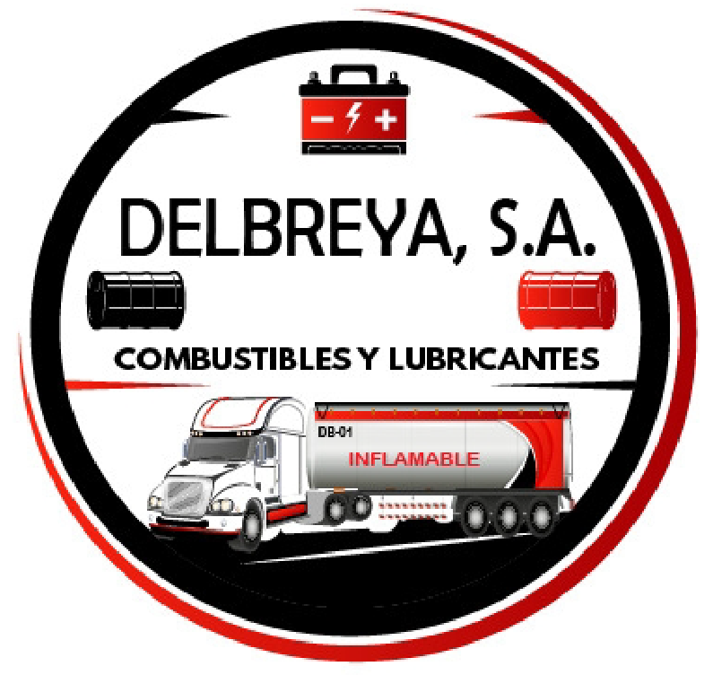 Logotipo para Delbreya, SA con camión de combustible, batería, barriles y texto en un círculo rojo y negro.