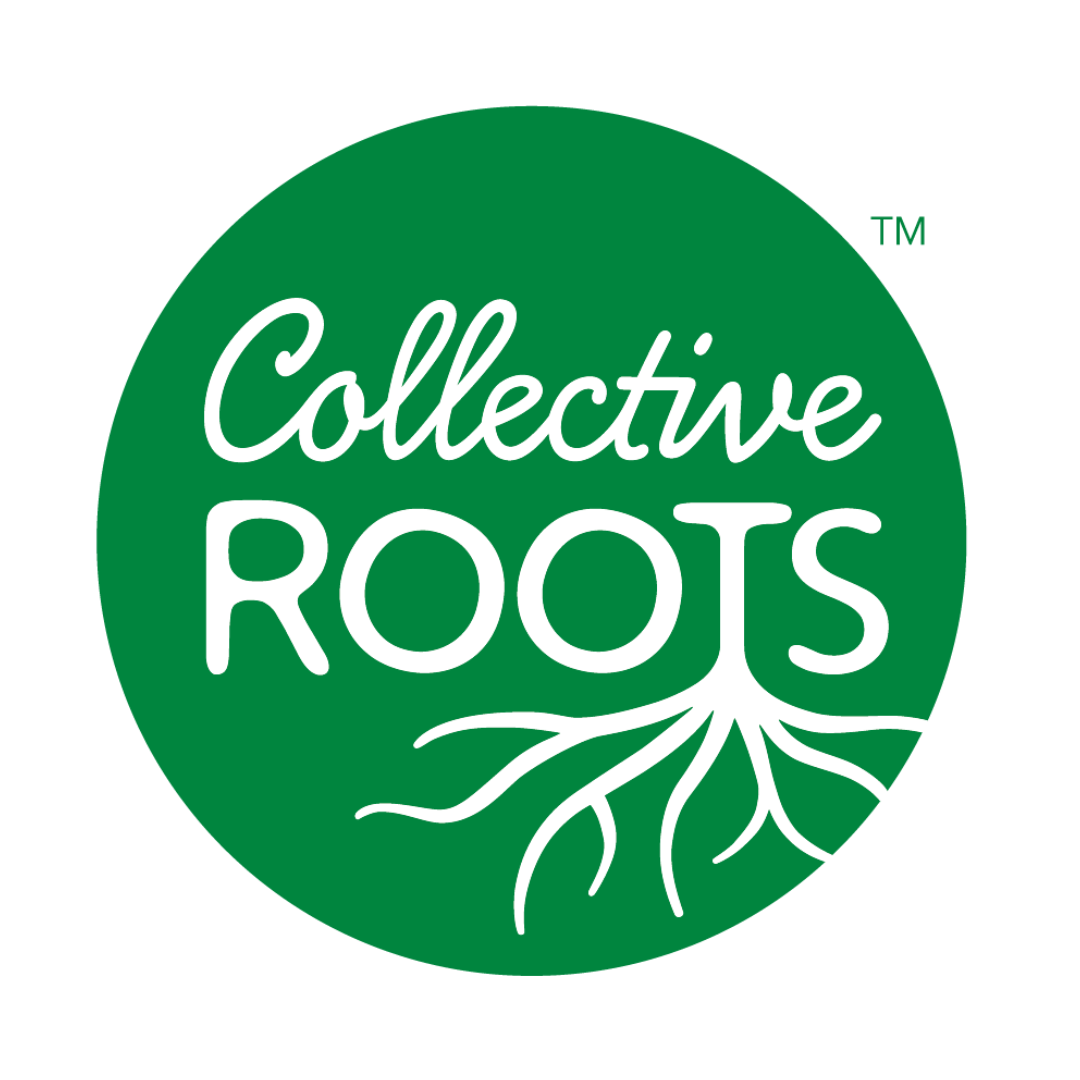 The logo for collective roots is a green circle with roots in it.
