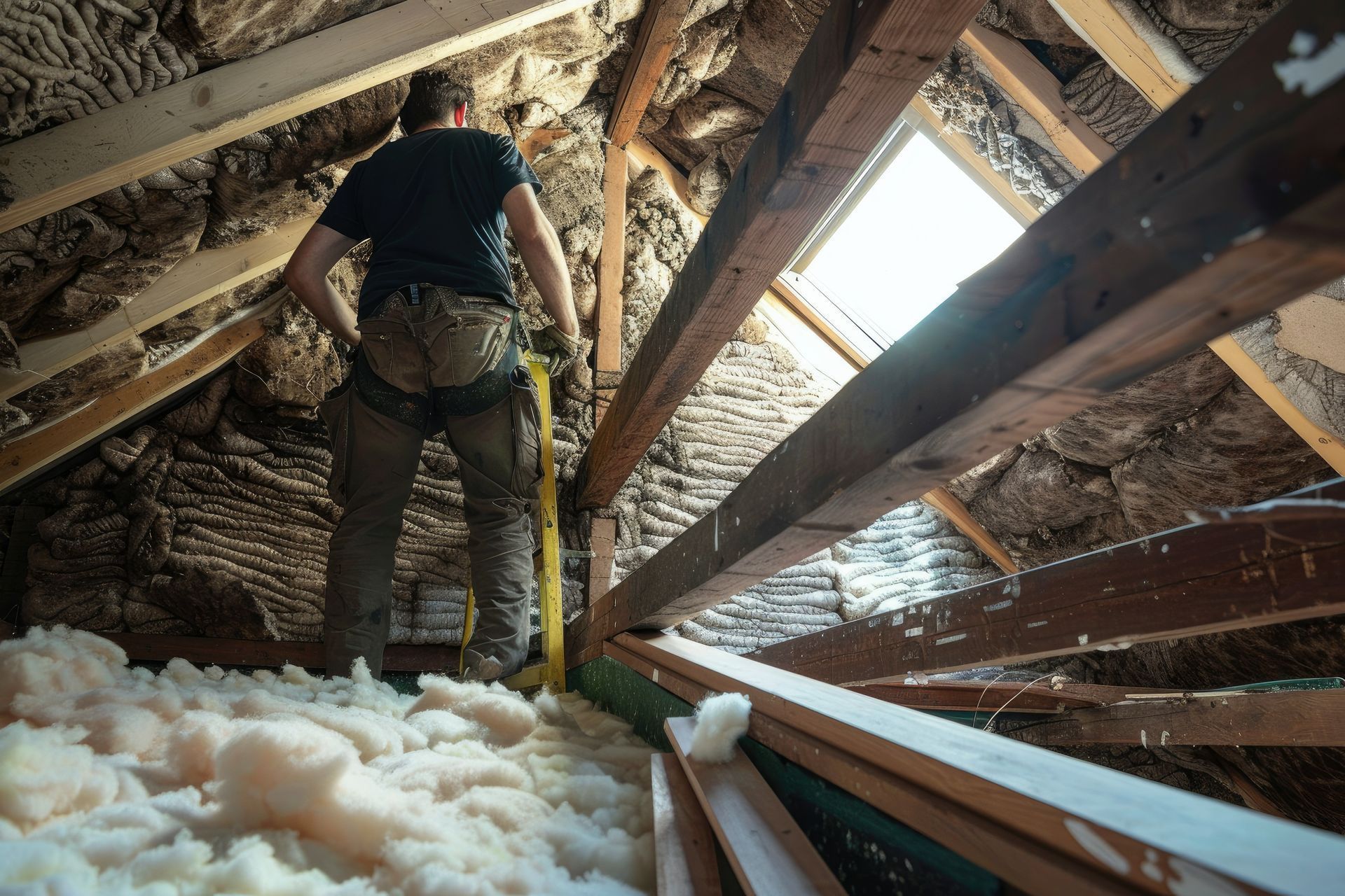 Contractor inspecting attic roof insulation.