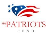 Logo of The Patriots Fund with stylized American flag and text.