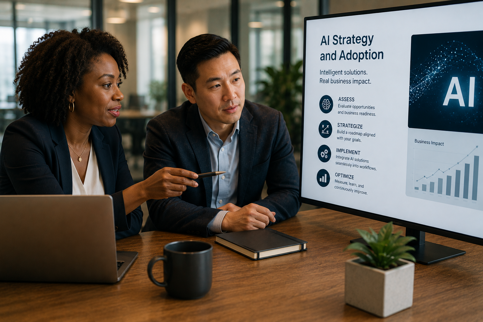 Two coworkers reviewing an AI strategy presentation beside a laptop and coffee mug