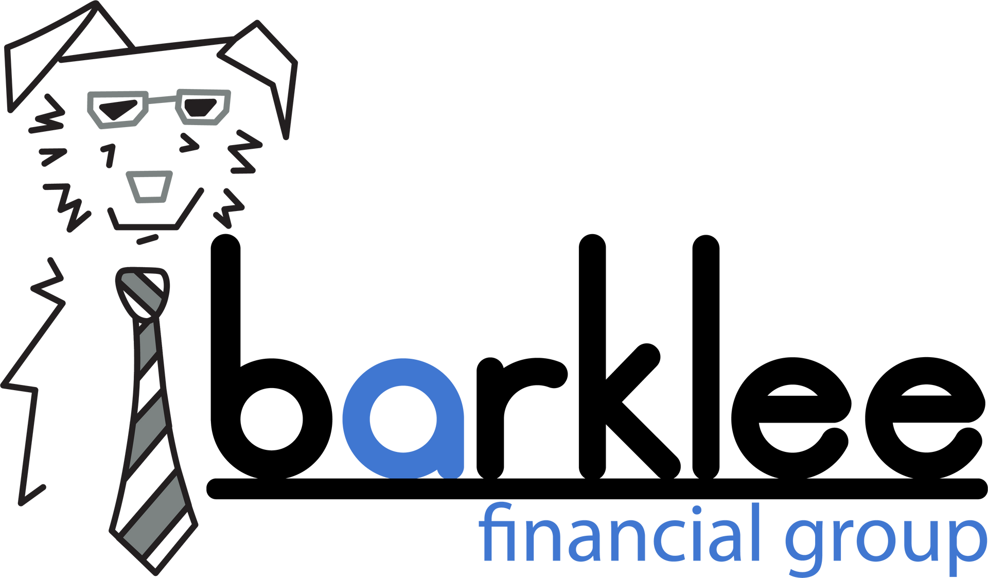 Logo of Barklee Financial Group: dog wearing glasses and tie, with