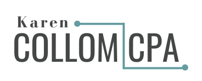 Karen Collom CPA logo with name and credentials, connected by a teal line.