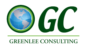 Greenlee Consulting logo: Globe within a green circle, green