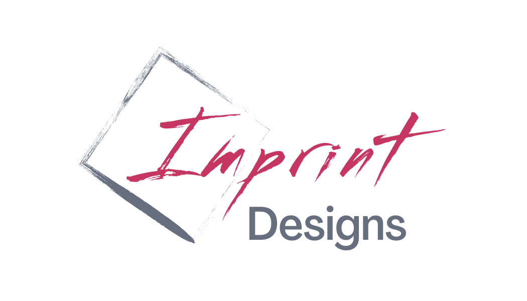 Logo of Imprint Designs, featuring the company name in pink script over a gray and white abstract shape.