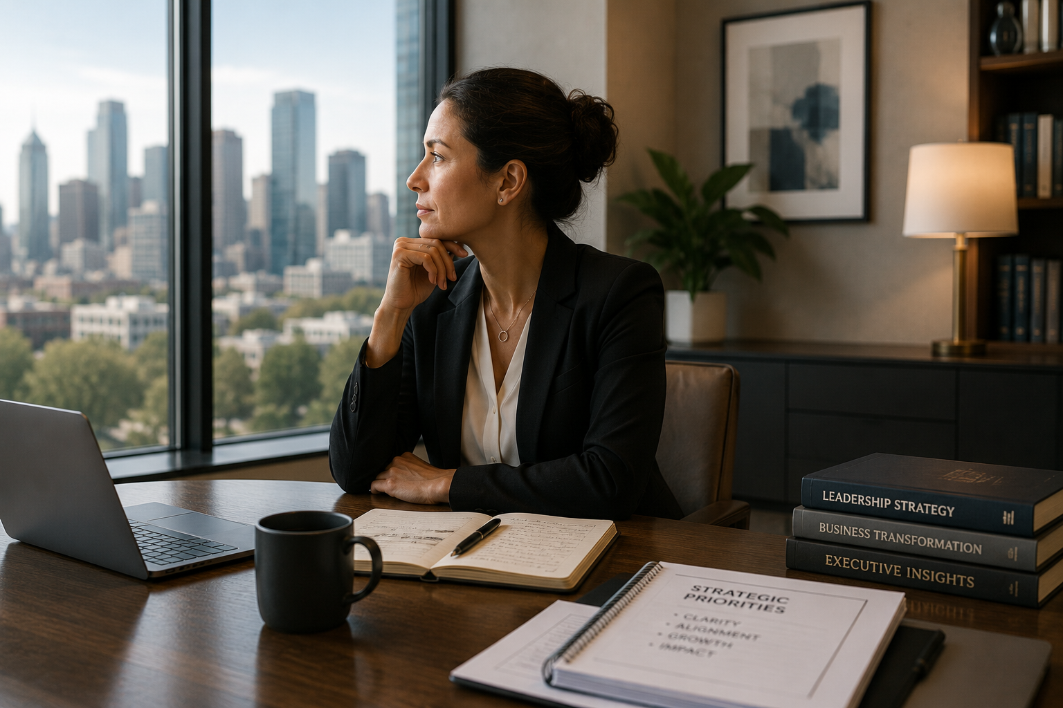 Professional woman at a desk by a city window, looking out with laptop, notebook, and books nearby