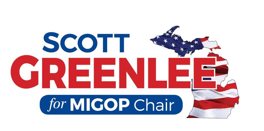 Scott Greenlee campaign logo for the Michigan Republican Party Chair. Features name, state outline with American flag colors.