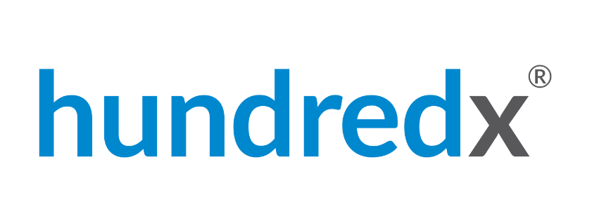 HundredX logo, blue text with gray