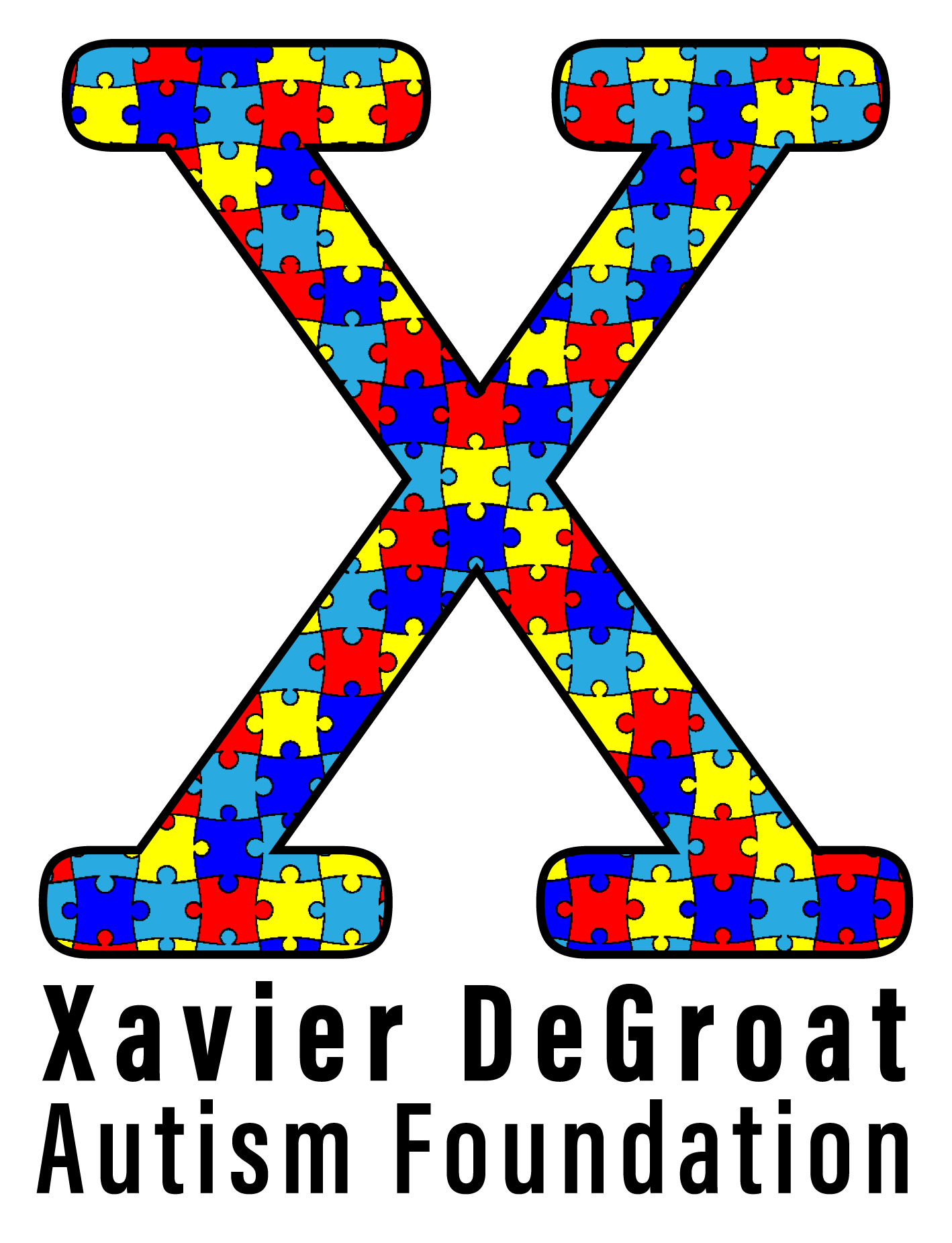 Xavier DeGroat Autism Foundation logo: large X made of colorful puzzle pieces; text below.