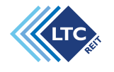 Blue and white LTC REIT logo with overlapping square and chevron shapes.