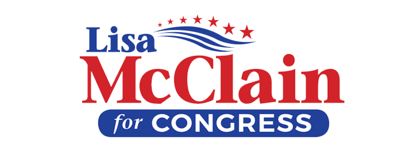 Logo for Lisa McClain for Congress: Red and blue text, with stars and stripes graphic.