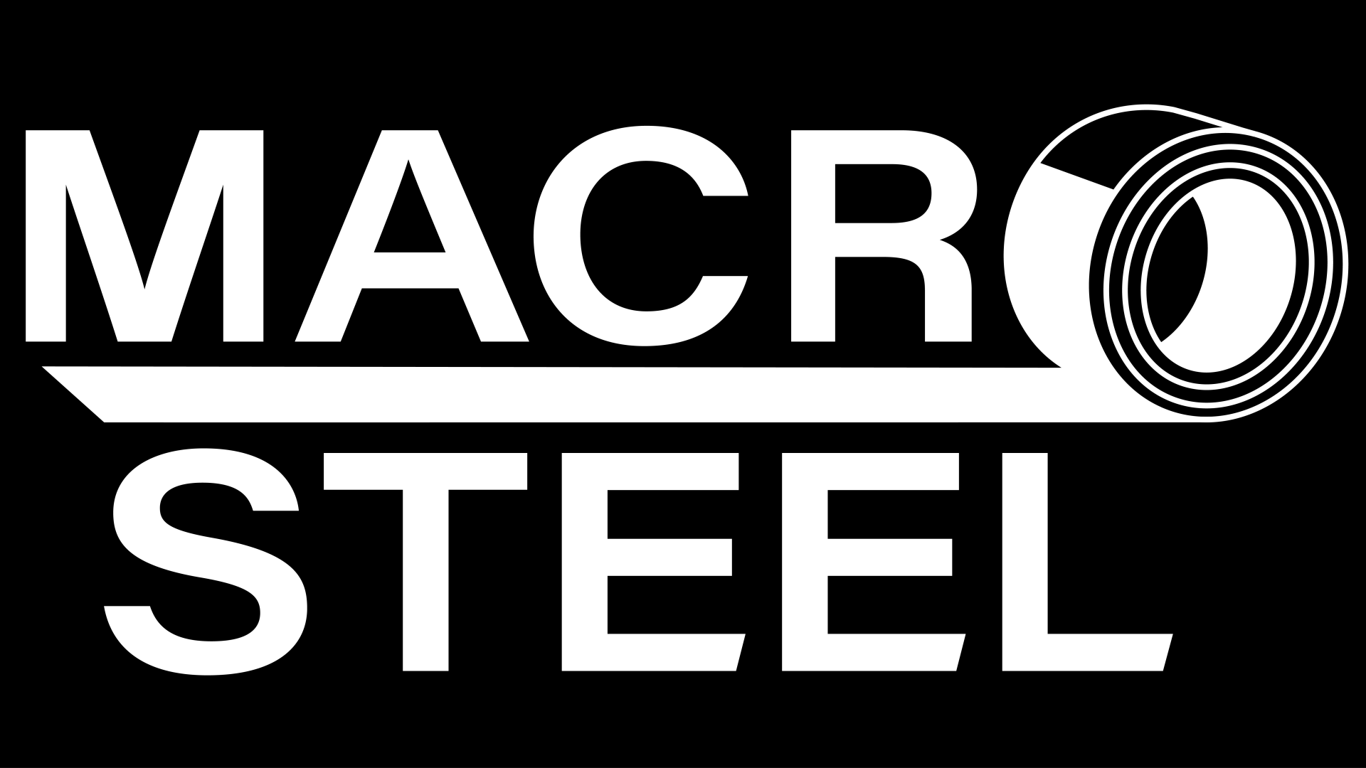 Macro Steel logo with white text on black background, showing the company name and a coil of steel.