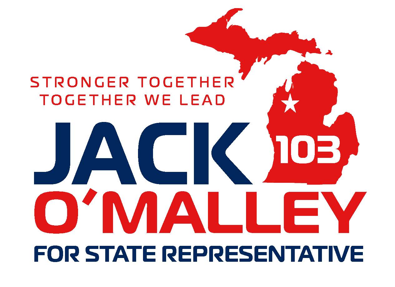Political campaign logo for Jack O'Malley, with a red Michigan outline,
