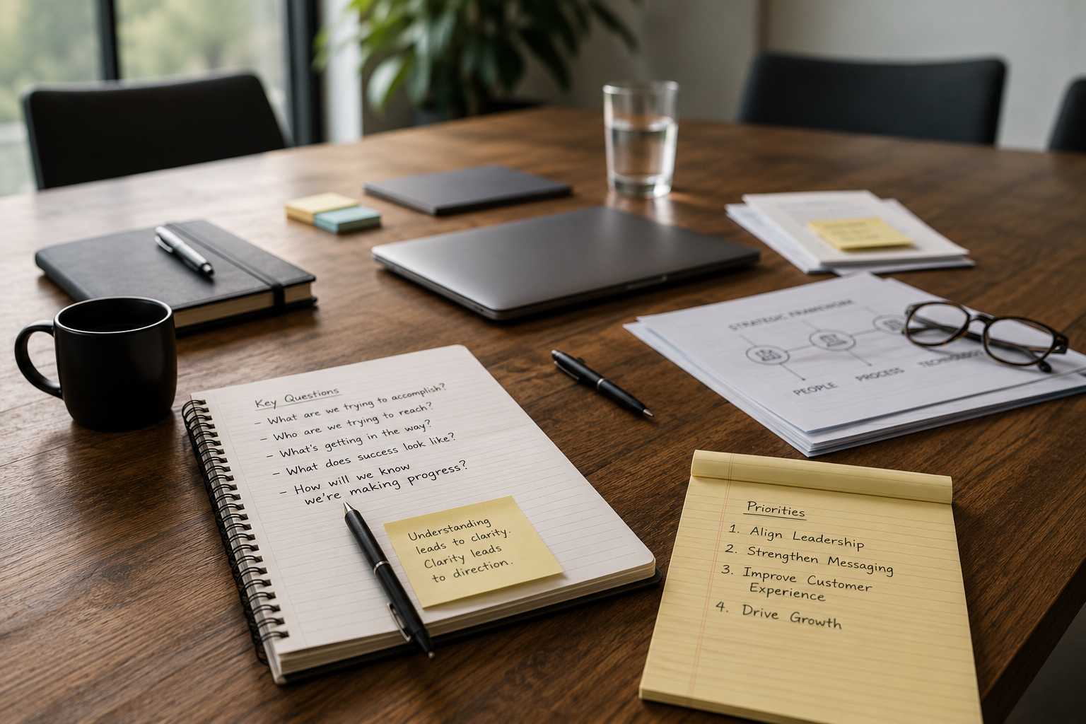 Notebook and sticky notes on a wooden conference table with a laptop, mug, and glasses