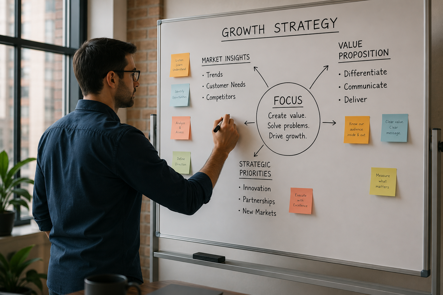 Person writing on a whiteboard with sticky notes in a bright office setting