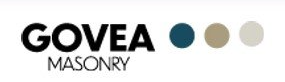 Logo for Govea Masonry, featuring text and three color circles: teal, tan, and off-white.