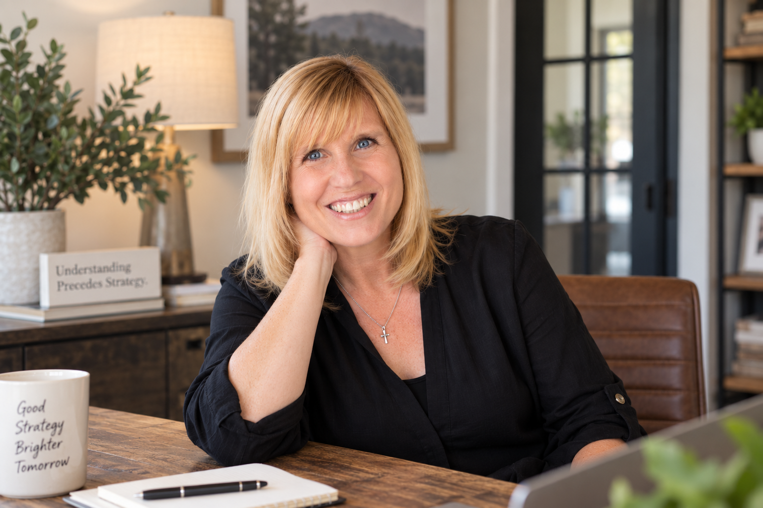 Lisalynne Quinn in a blue patterned blouse against a gray background