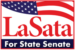 LaSata campaign logo with red letters, US flag background,